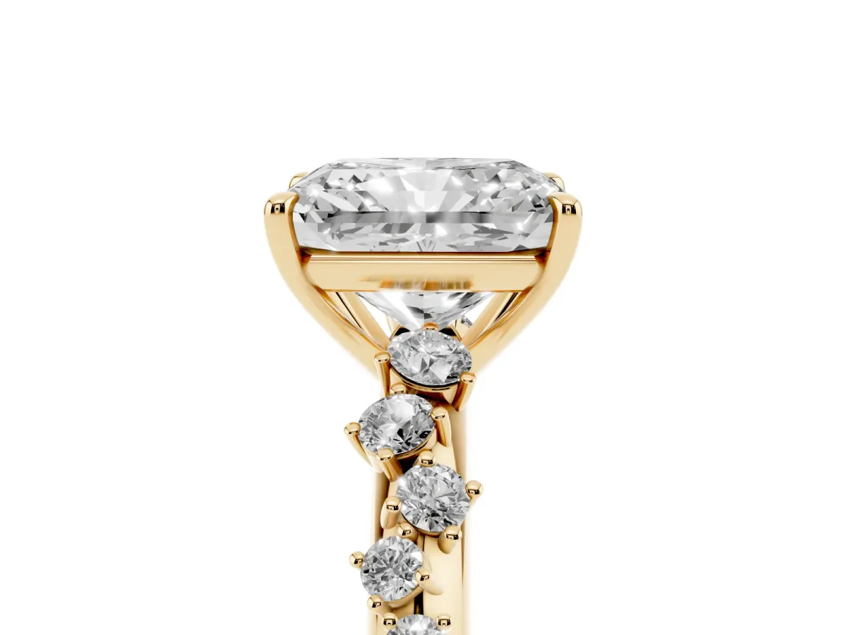 Radiant Cut Diamond Cluster Side Stone Solitaire Ring with Prong Setting Yellow gold
