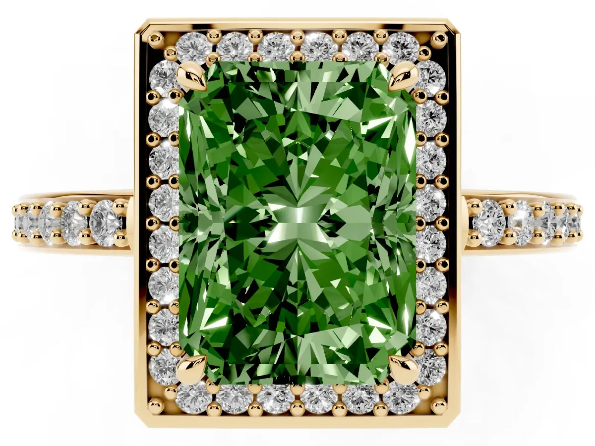 Fancy Green Radiant Cut Halo Pave Band Solitaire Ring with Prong Setting Yellow gold