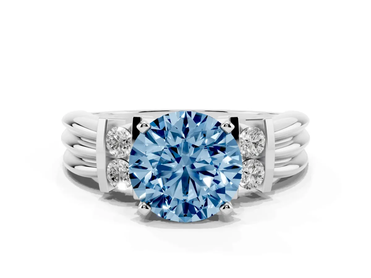 Fancy Blue Round Cut Cut Three-Stone Channel Set Ring with Bar Prongs Silver