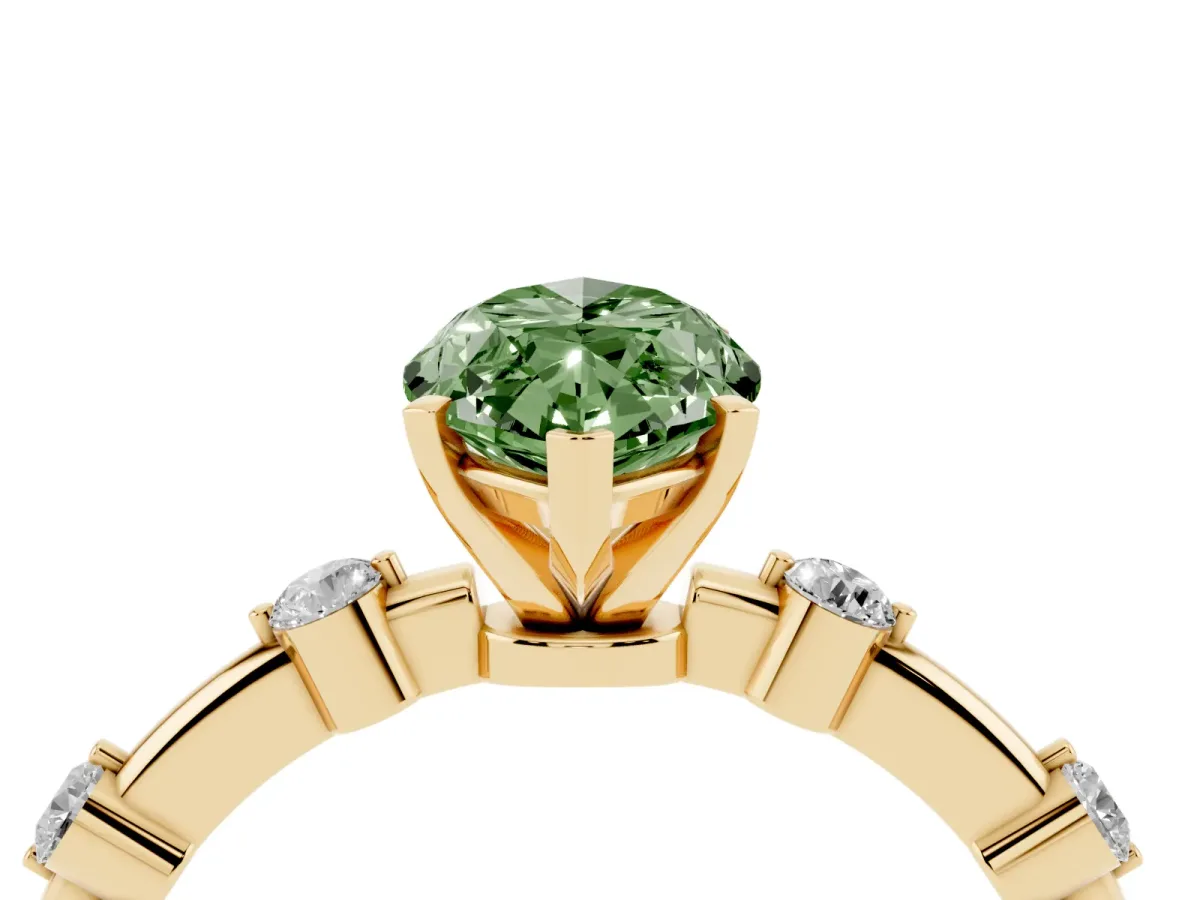 Fancy Green Marquise Cut Solitaire Diamond Ring with Bezel Set Side Stones and Prong Setting Yellow gold