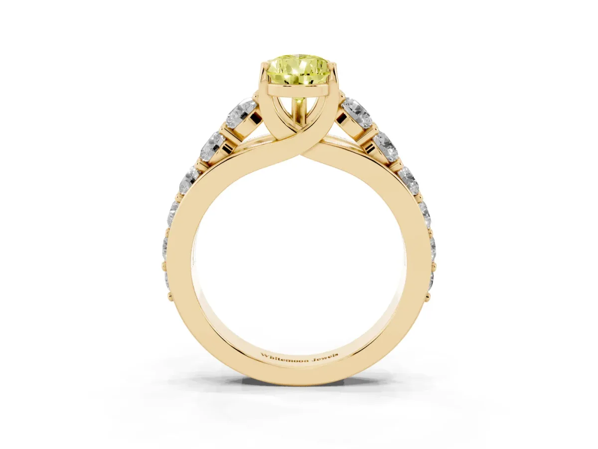 Fancy Yellow Pear Cut Diamond Engagement Ring with Pavé Band and Four-Prong Setting Yellow gold
