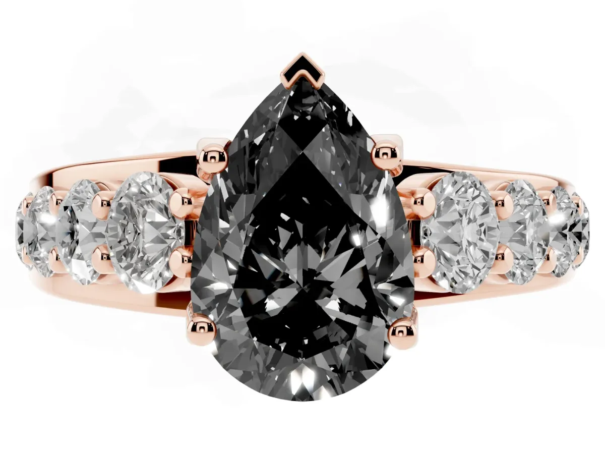 Fancy Black Pear Cut Diamond Engagement Ring with Pavé Band and Four-Prong Setting Rose gold