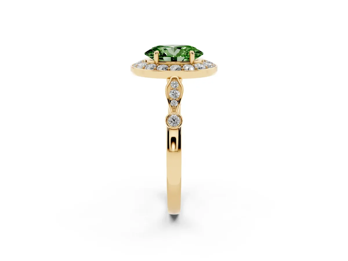 Fancy Green Oval Cut Halo Diamond Engagement Ring with Twisted Band and Four-Prong Setting Yellow gold