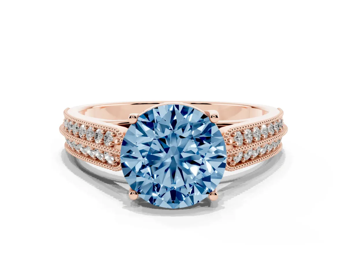 Fancy Blue Round Cut Cut Pave Split Shank Engagement Ring with Four-Prong Setting Rose gold