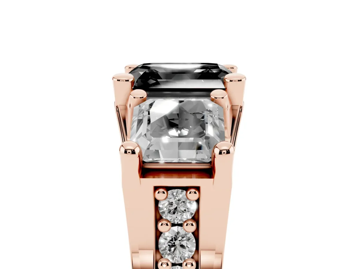 Fancy Black Asscher Cut Diamond Three-Stone Ring with Channel Set Band and Four-Prong Setting Rose gold
