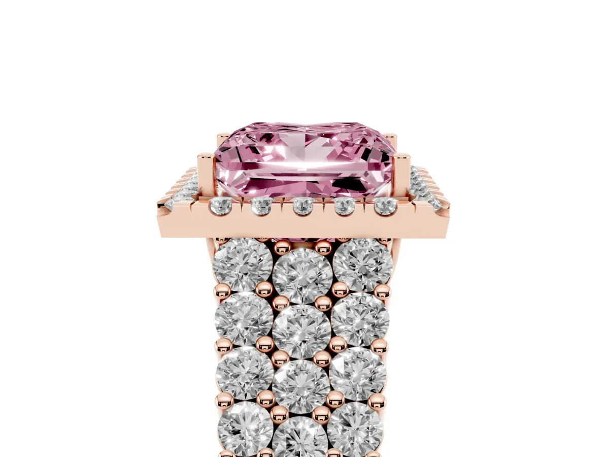 Fancy Pink Princess Cut Diamond Halo Engagement Ring with Triple Row Round Pavé Band and Prong Setting Rose gold