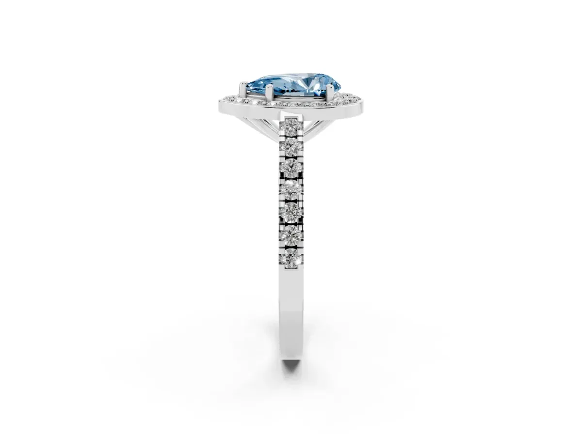 Fancy Blue Pear Cut Diamond Halo Ring with Round Pavé Split Shank and Prong Setting Platinum