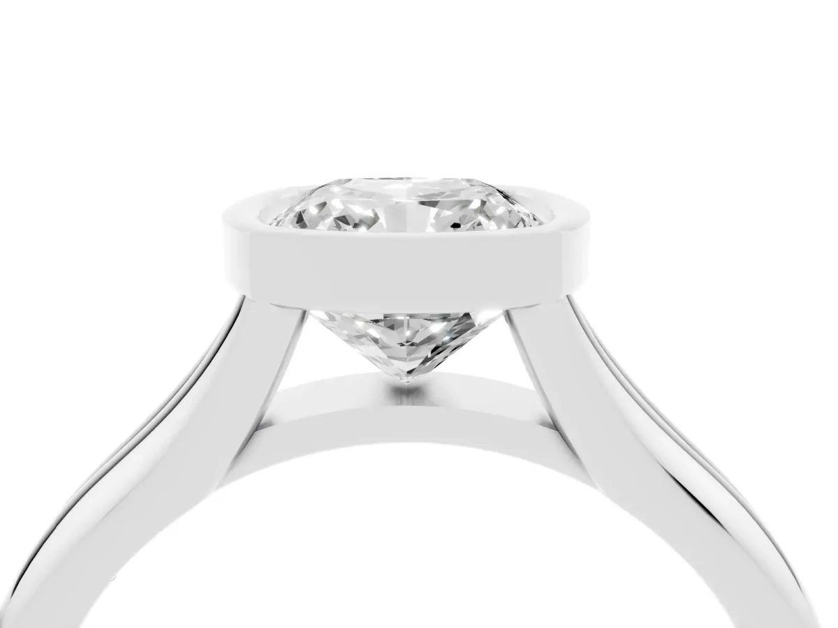 Bezel Set Cushion Cut Solitaire Diamond Ring with Smooth Band Silver