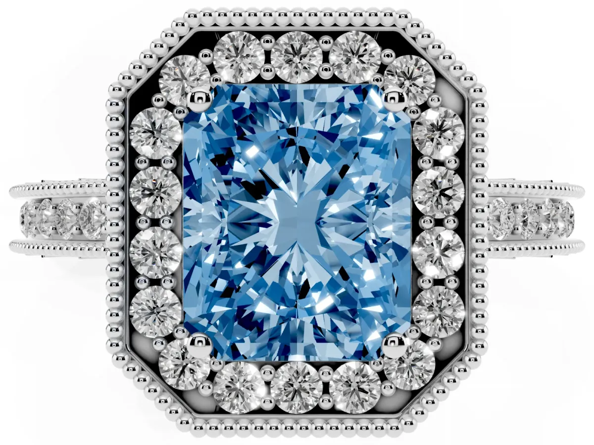 Fancy Blue Radiant Cut Diamond Milgrain Halo Engagement Ring with Round Pavé Band and Prong Setting Platinum