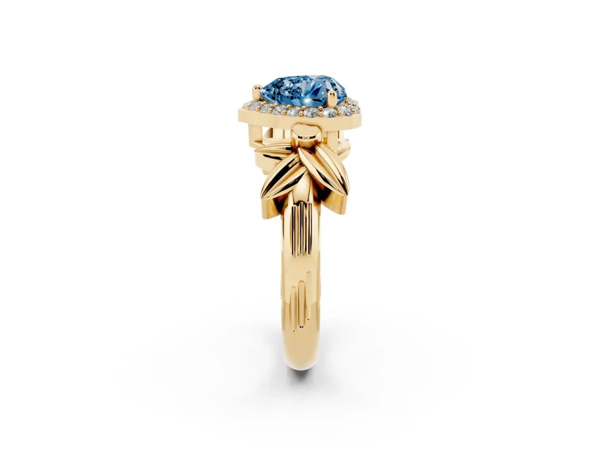 Fancy Blue Heart Cut Halo Diamond Floral Band with Four-Prong Setting Yellow gold