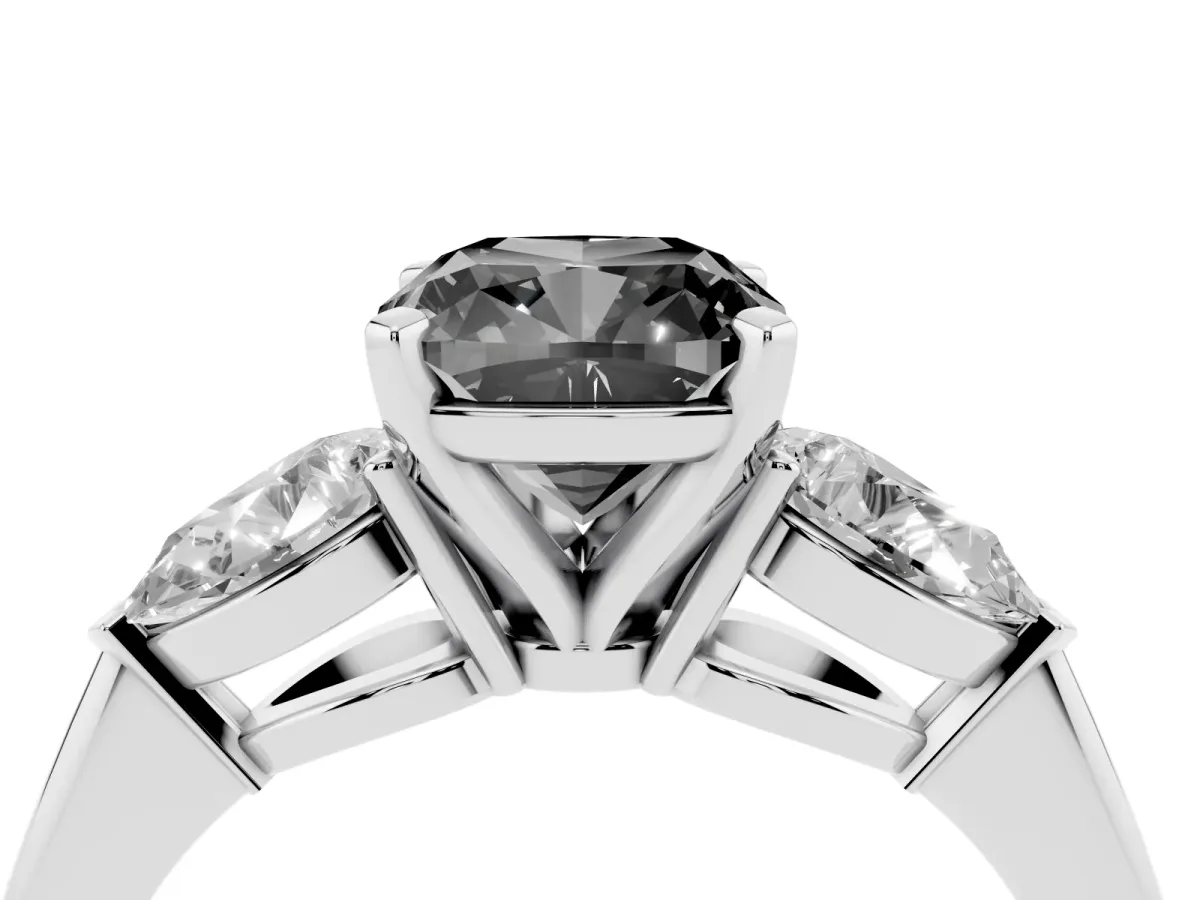 Fancy Black Three-Stone Cushion Cut Diamond Ring with Pear Side Stones and Four-Prong Setting Silver