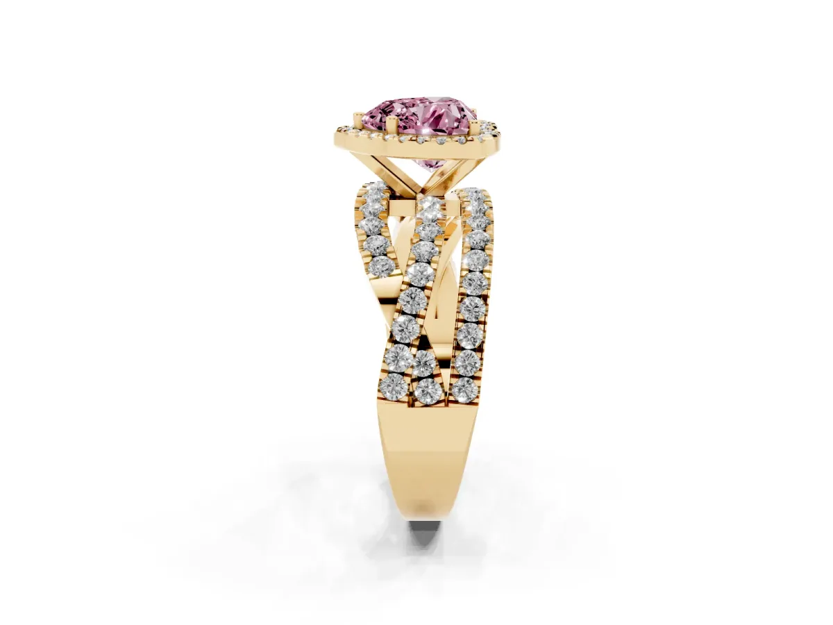 Fancy Pink Heart Cut Diamond Halo Ring with Round Split Shank and Prong Setting Yellow gold
