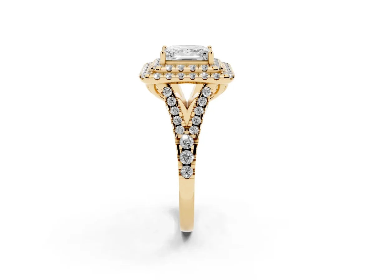 Double Halo Princess Cut Diamond Pavé Split Shank Ring with Prong Setting Yellow gold