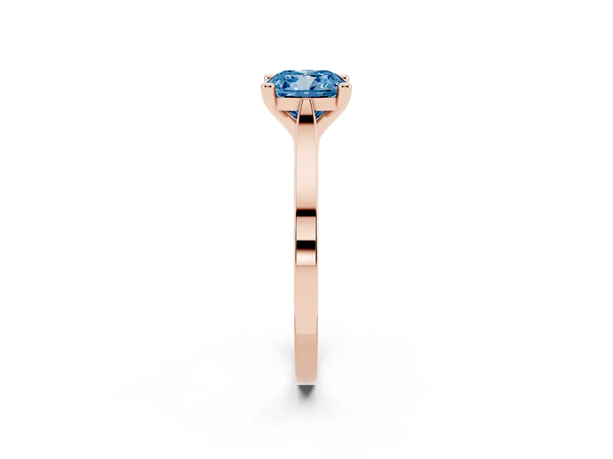 Fancy Blue Cushion Cut Solitaire Diamond Ring with Four-Prong Setting and Tapered Band Rose gold
