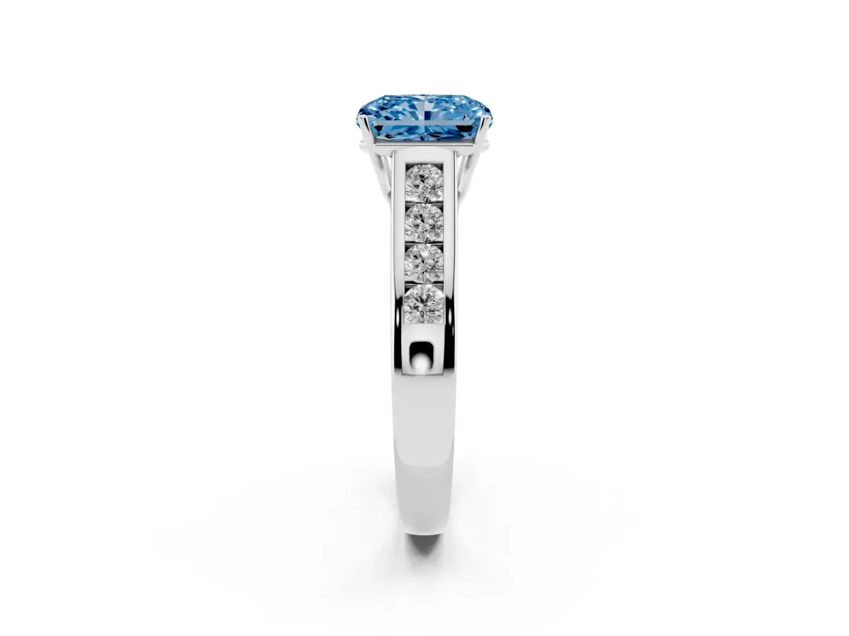 Fancy Blue Radiant Cut Solitaire Channel-Set Diamond Engagement Ring with Four-Prong Setting Platinum