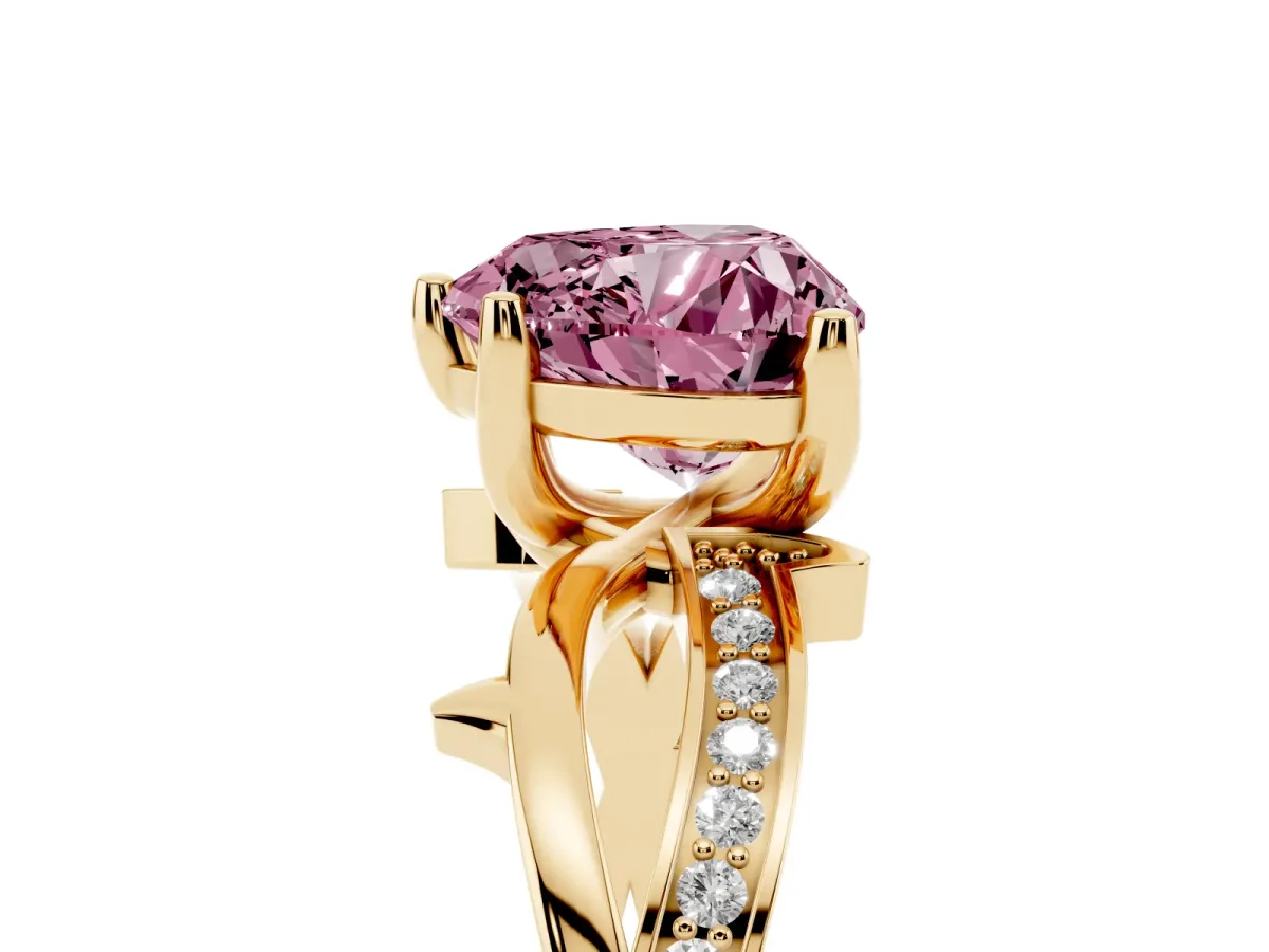 Fancy Pink Heart Cut Solitaire Twist Band with Pavé Accents and Four-Prong Setting Yellow gold