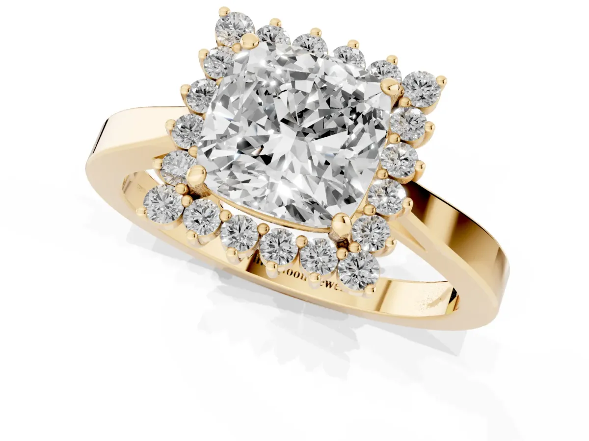 Cushion Cut Cut Diamond Halo Ring with Round Brilliant Halo and Solitaire Band Yellow gold