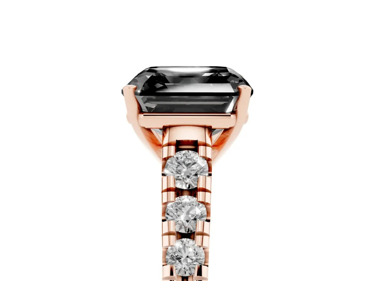 Fancy Black Asscher Cut Diamond Cathedral Solitaire Ring with Round Pavé Band Rose gold