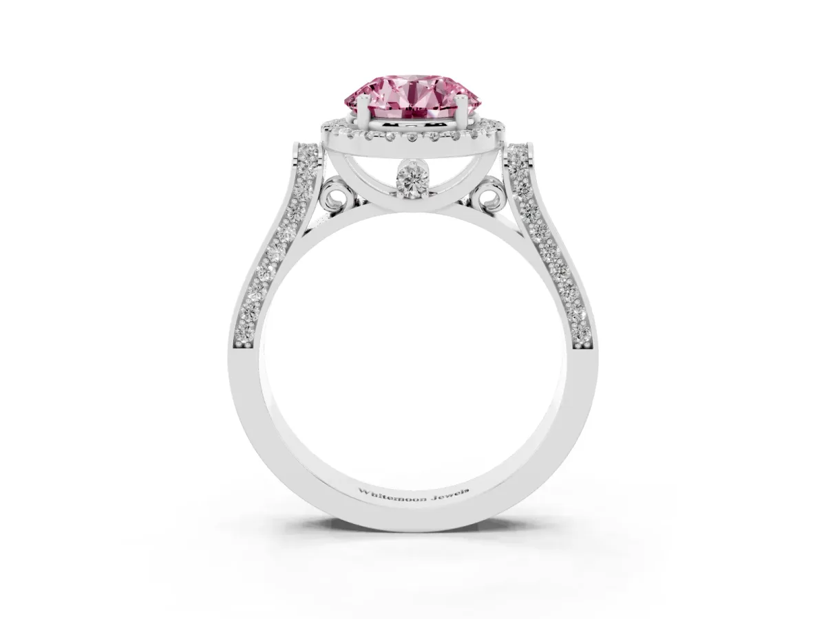 Fancy Pink Round Cut Halo Round Diamond Twist Band with Four-Prong Setting White gold
