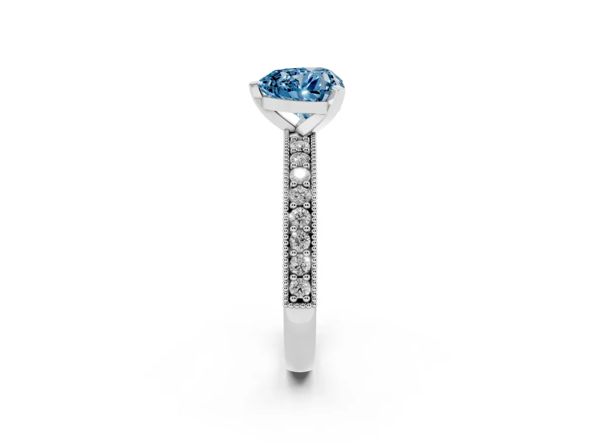 Fancy Blue Heart Cut Diamond Milgrain Pavé Engagement Ring with Four-Prong Setting Silver