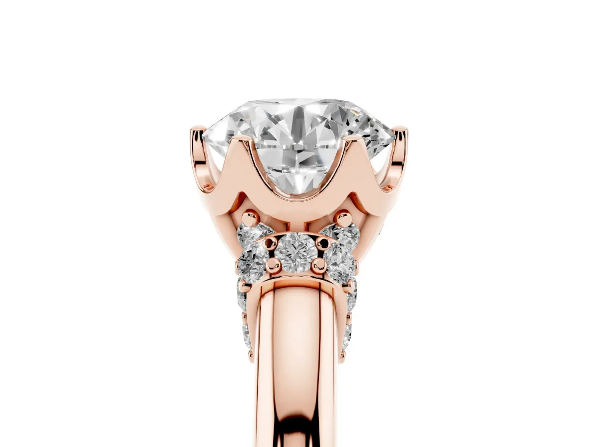 Round Cut Brilliant Solitaire Cathedral Engagement Ring with Pave Accents Rose gold