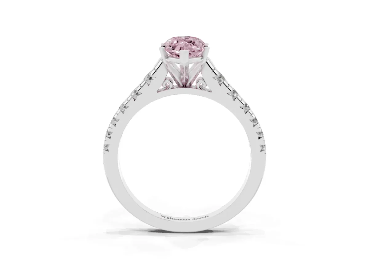 Fancy Pink Marquise Cut Diamond Cathedral Solitaire Ring with Round Pavé Band Silver