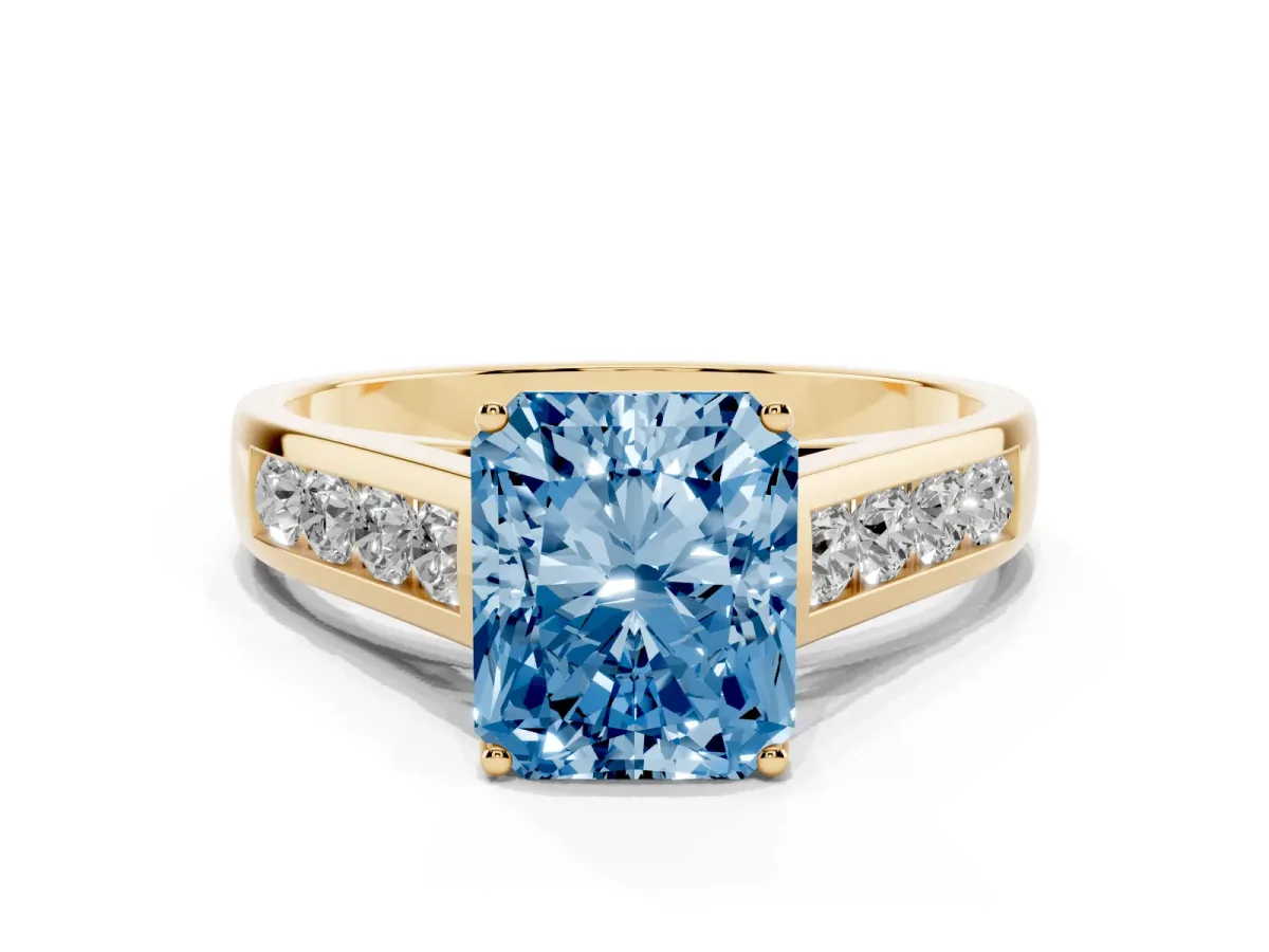 Fancy Blue Radiant Cut Brilliant Channel-Set Solitaire Ring with Four-Prong Setting Yellow gold
