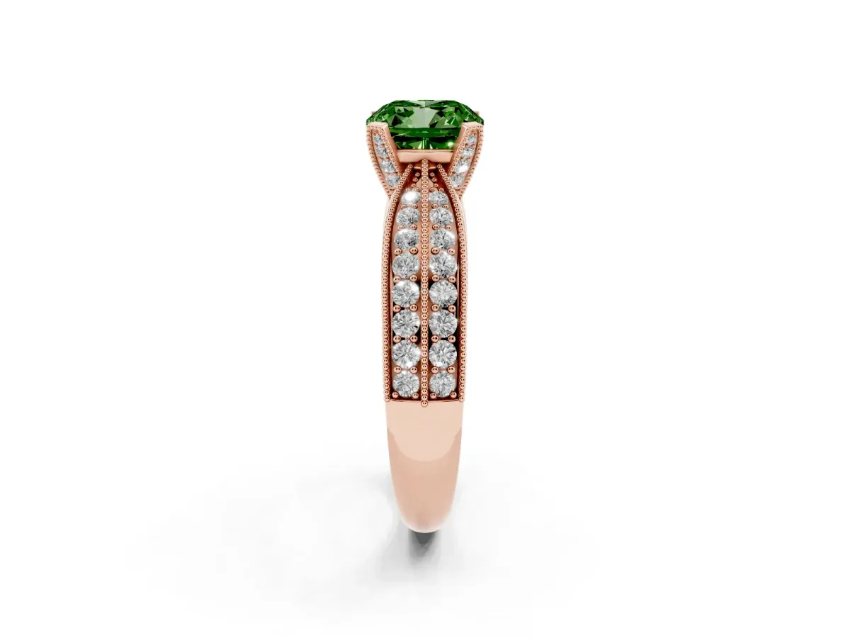 Fancy Green Cushion Cut Diamond Solitaire Ring with Milgrain Round Pavé Band and Prong Setting Rose gold