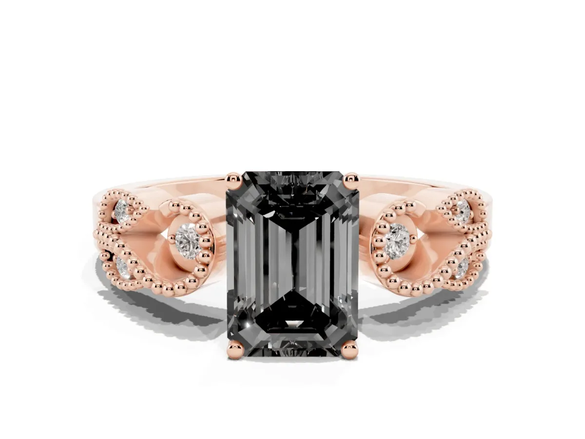 Fancy Black Emerald Cut Solitaire Milgrain Leaf Band with Prong Setting Rose gold