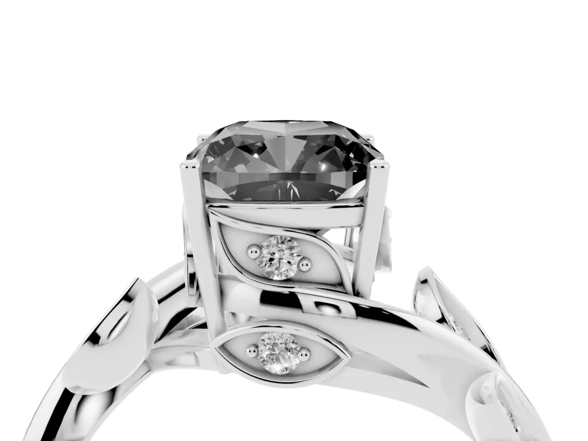 Fancy Black Cushion Cut Solitaire Twist Engagement Ring with Leaf Accents and Prong Setting Silver