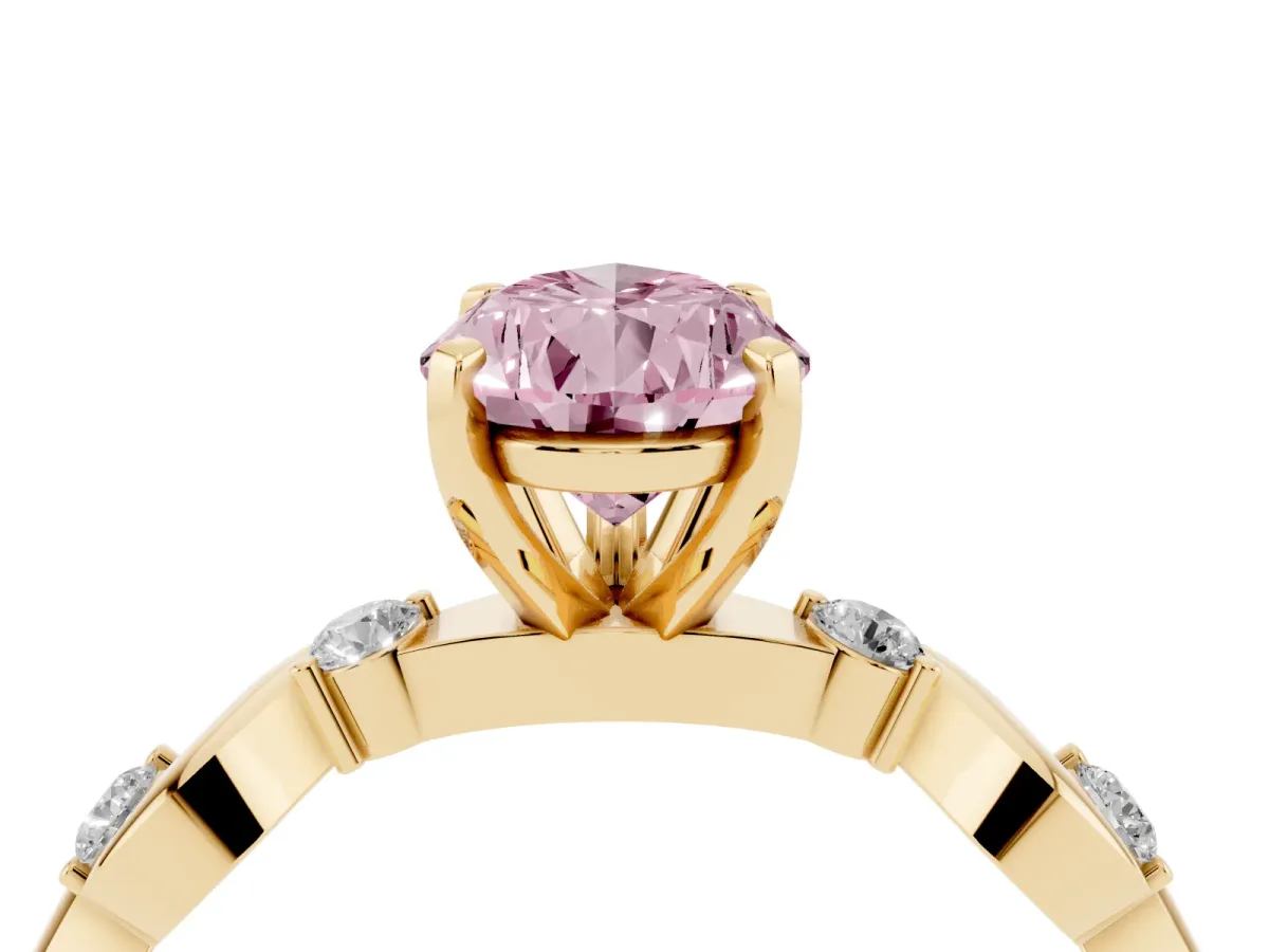 Fancy Pink Pear Cut Diamond Solitaire Twisted Band with Round Accents and Prong Setting Yellow gold