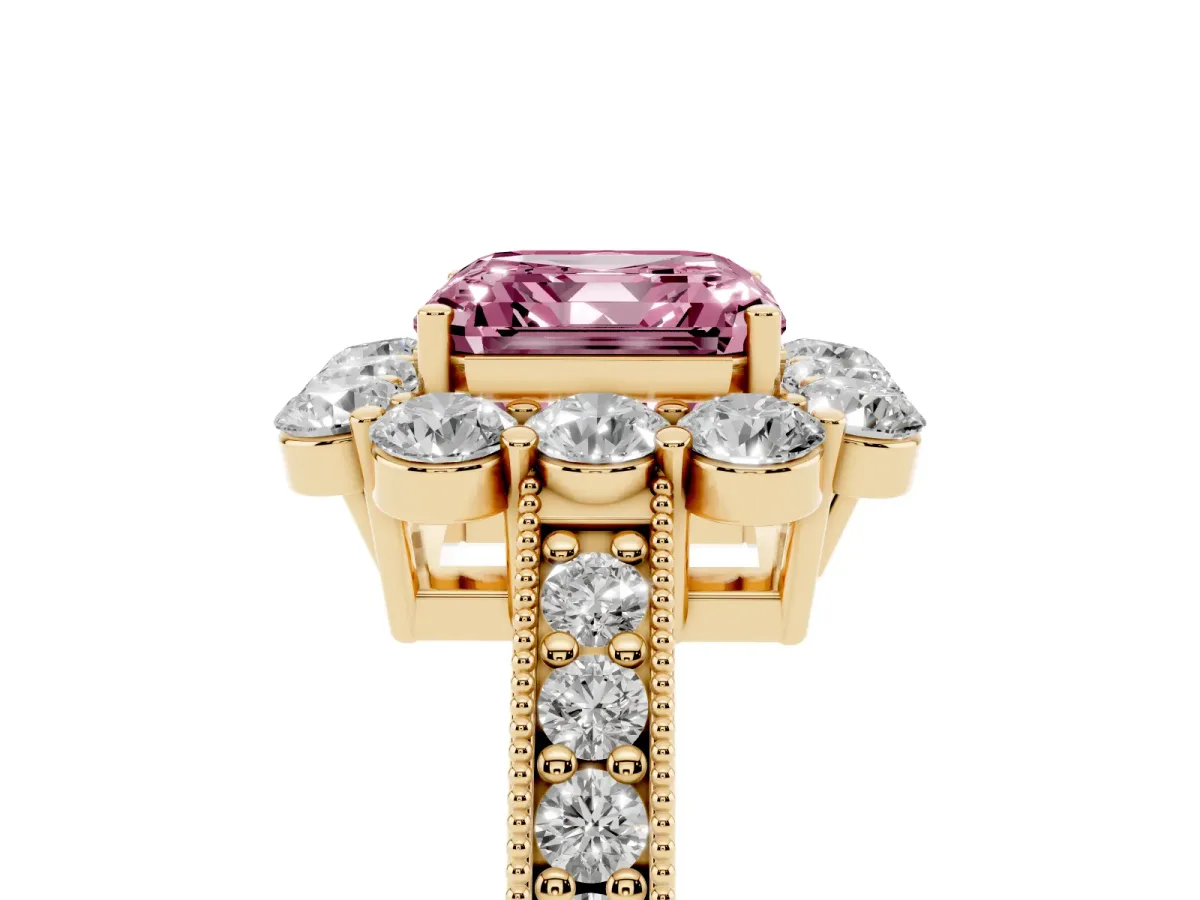 Fancy Pink Asscher Cut Cut Halo Diamond Pavé Engagement Ring with Milgrain Detailing Yellow gold