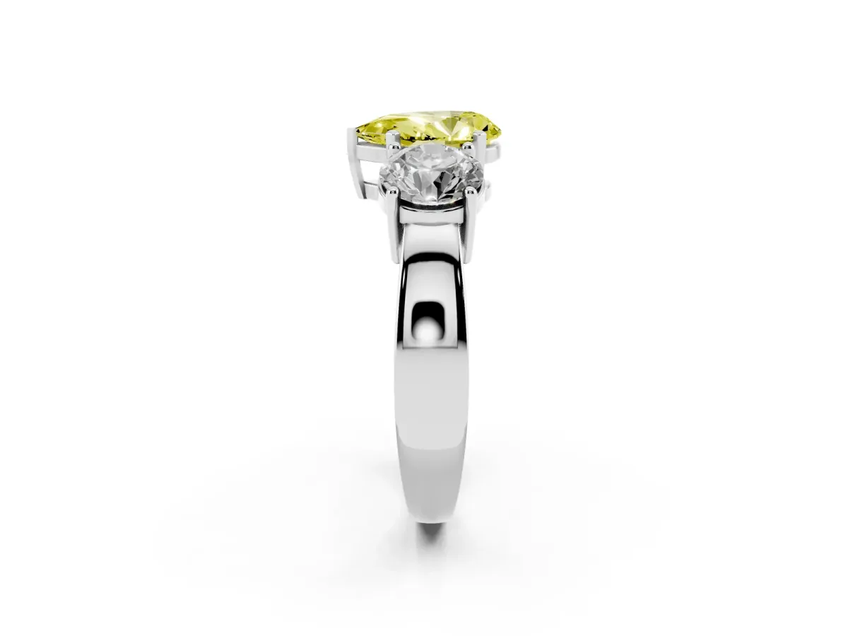 Fancy Yellow Three-Stone Pear Cut Diamond Ring with Round Side Stones, Classic Band, and Four-Prong Setting Platinum