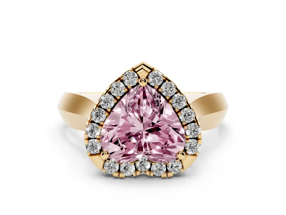 Fancy Pink Heart Cut Cut Halo Solitaire Engagement Ring with Square Band and Four-Prong Setting Yellow gold