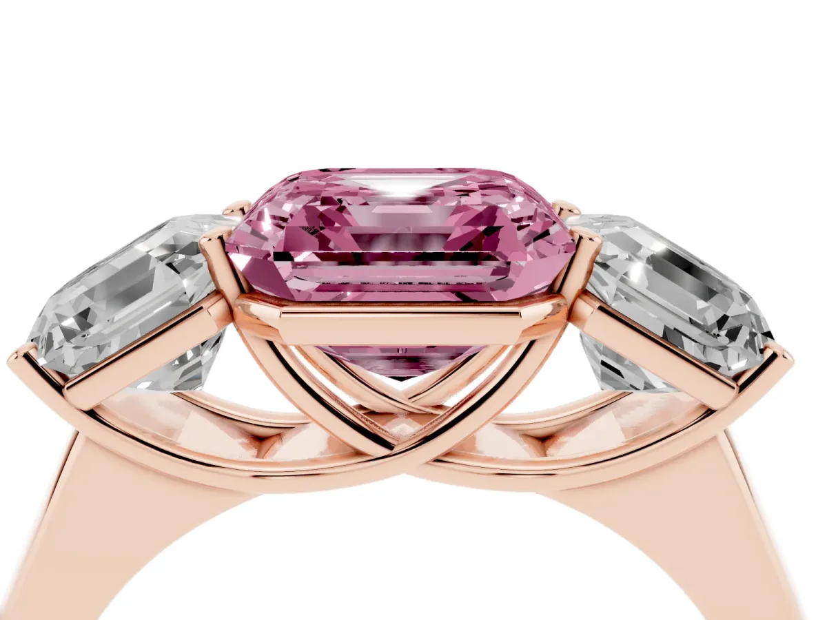 Fancy Pink Asscher Cut Three-Stone Diamond Ring with Prong Setting on a Classic Band Rose gold