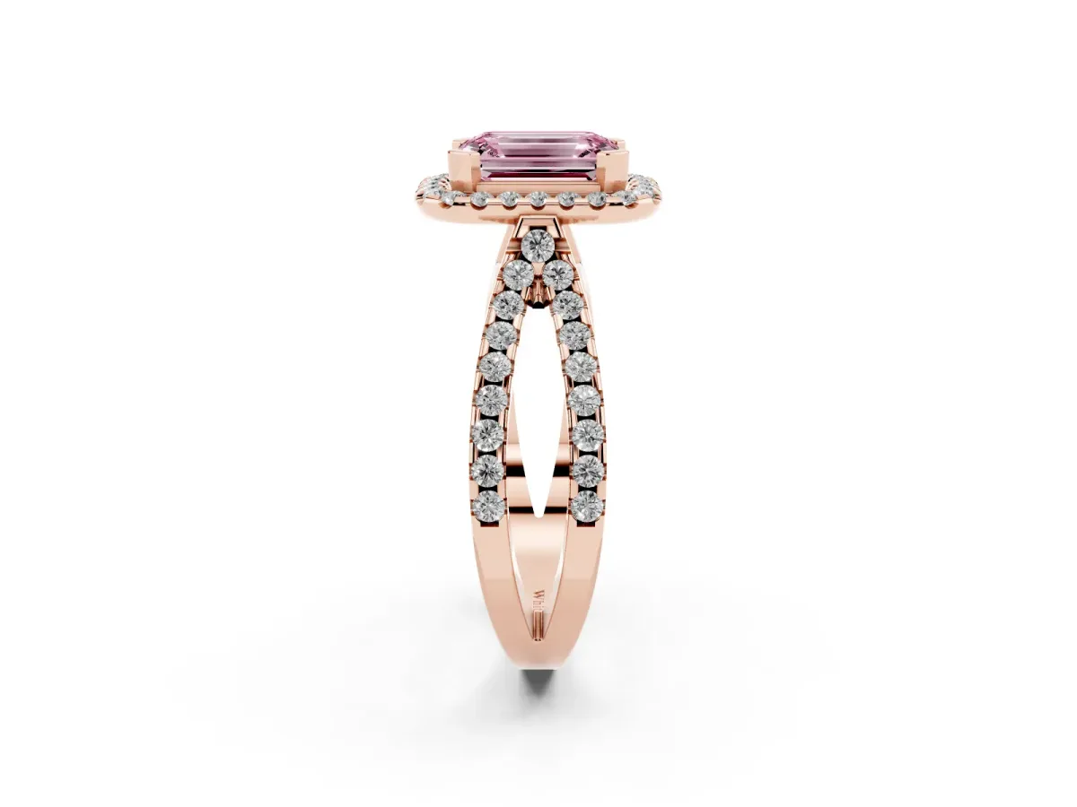 Fancy Pink Emerald Cut Diamond Halo Ring with Split Shank Pavé Band and Prong Setting Rose gold