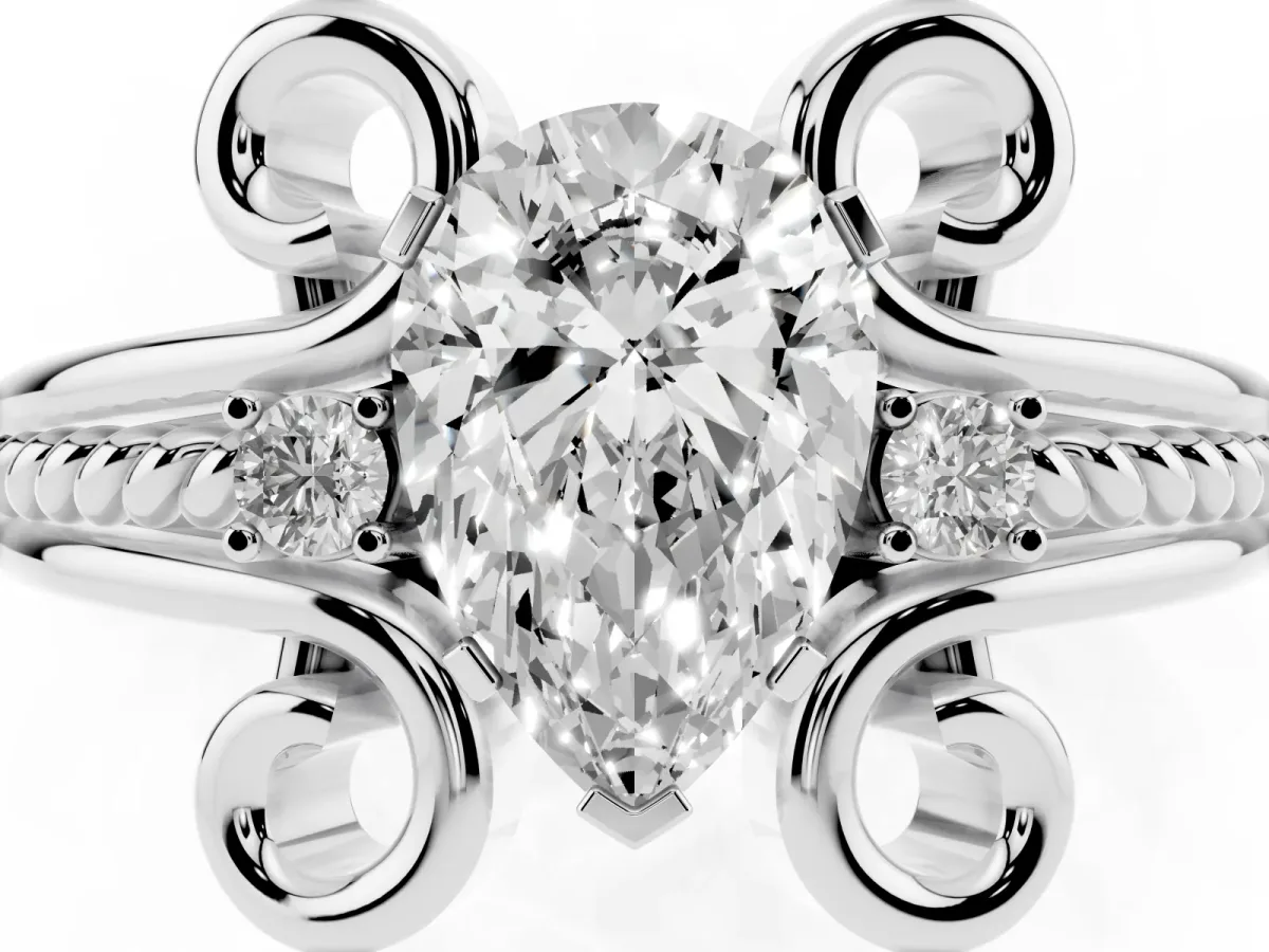 Pear Cut Solitaire Twisted Band Scroll Prong Ring Silver