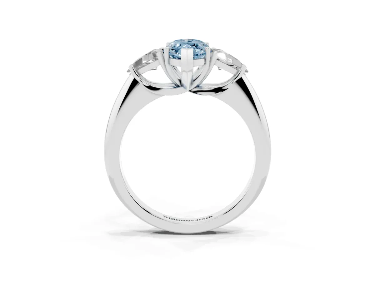 Fancy Blue Three-Stone Marquise Cut Diamond Engagement Ring with Trillion Side Stones and Prong Setting Silver