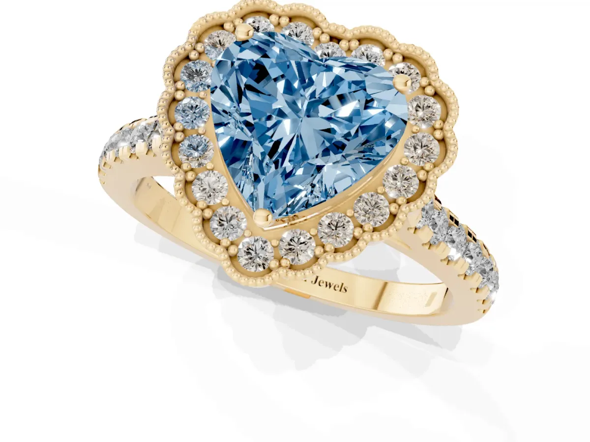 Fancy Blue Heart Cut Cut Diamond Milgrain Floral Halo Engagement Ring with Pavé Band Yellow gold