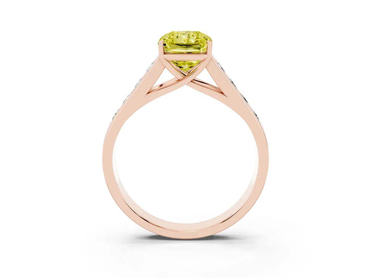 Fancy Yellow Radiant Cut Brilliant Channel-Set Solitaire Ring with Four-Prong Setting Rose gold