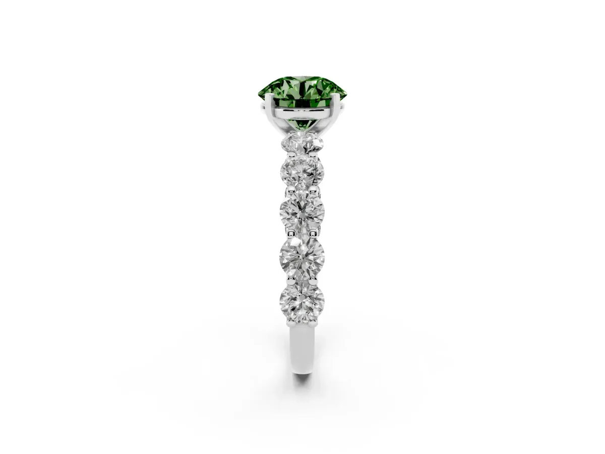 Fancy Green Round Cut Diamond Prong Setting with Side Stones on a Pave Band Silver