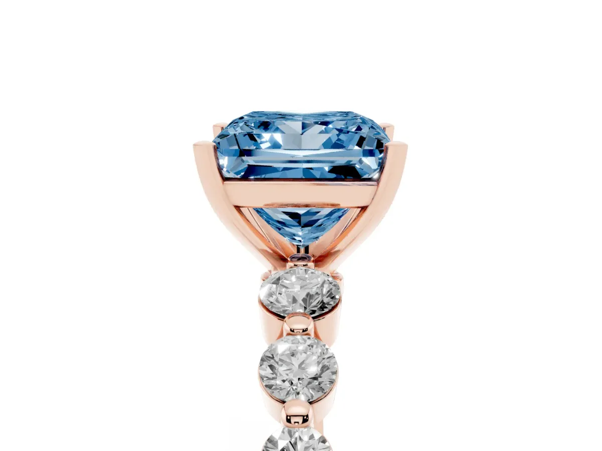 Fancy Blue Princess Cut Solitaire Diamond Ring with Pave Band and Four-Prong Setting Rose gold