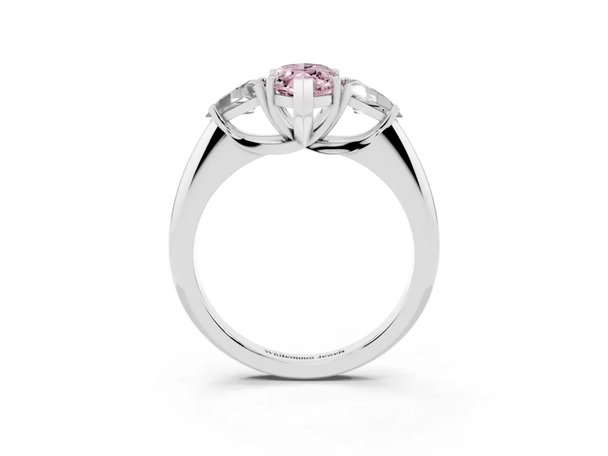 Fancy Pink Three-Stone Marquise Cut Diamond Engagement Ring with Trillion Side Stones and Prong Setting Silver