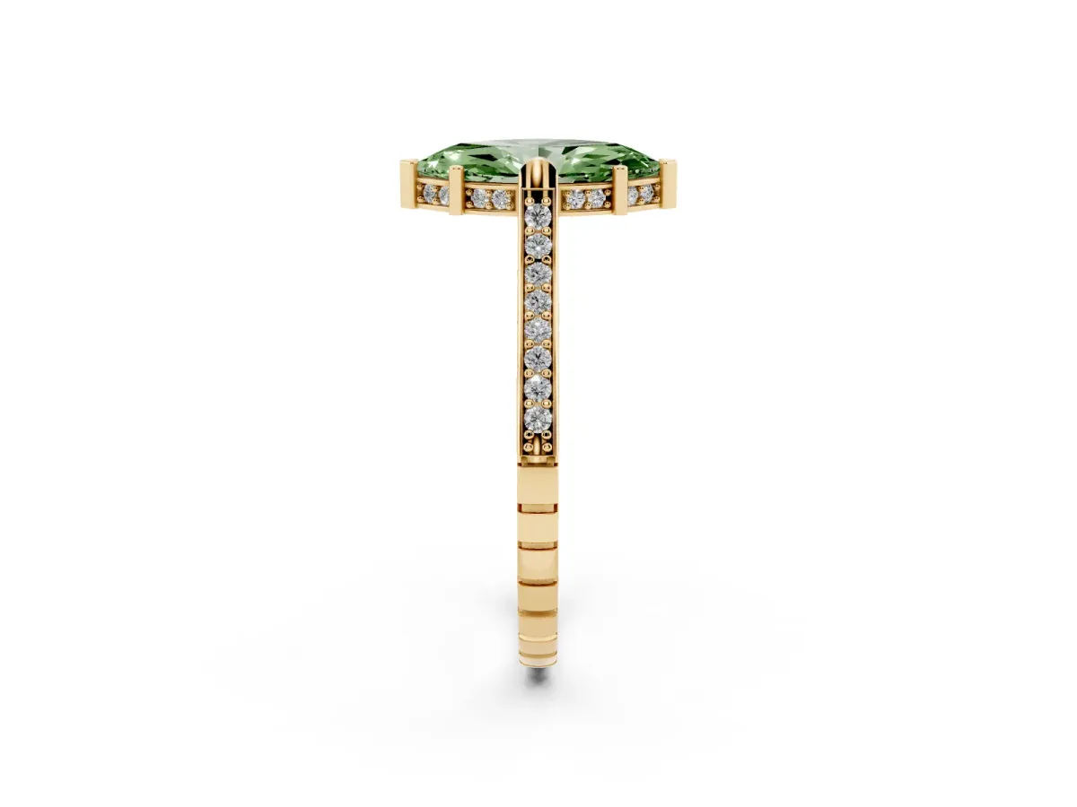Fancy Green Marquise Cut Solitaire Diamond Ring with Channel Set Band and Bezel Prong Setting Yellow gold