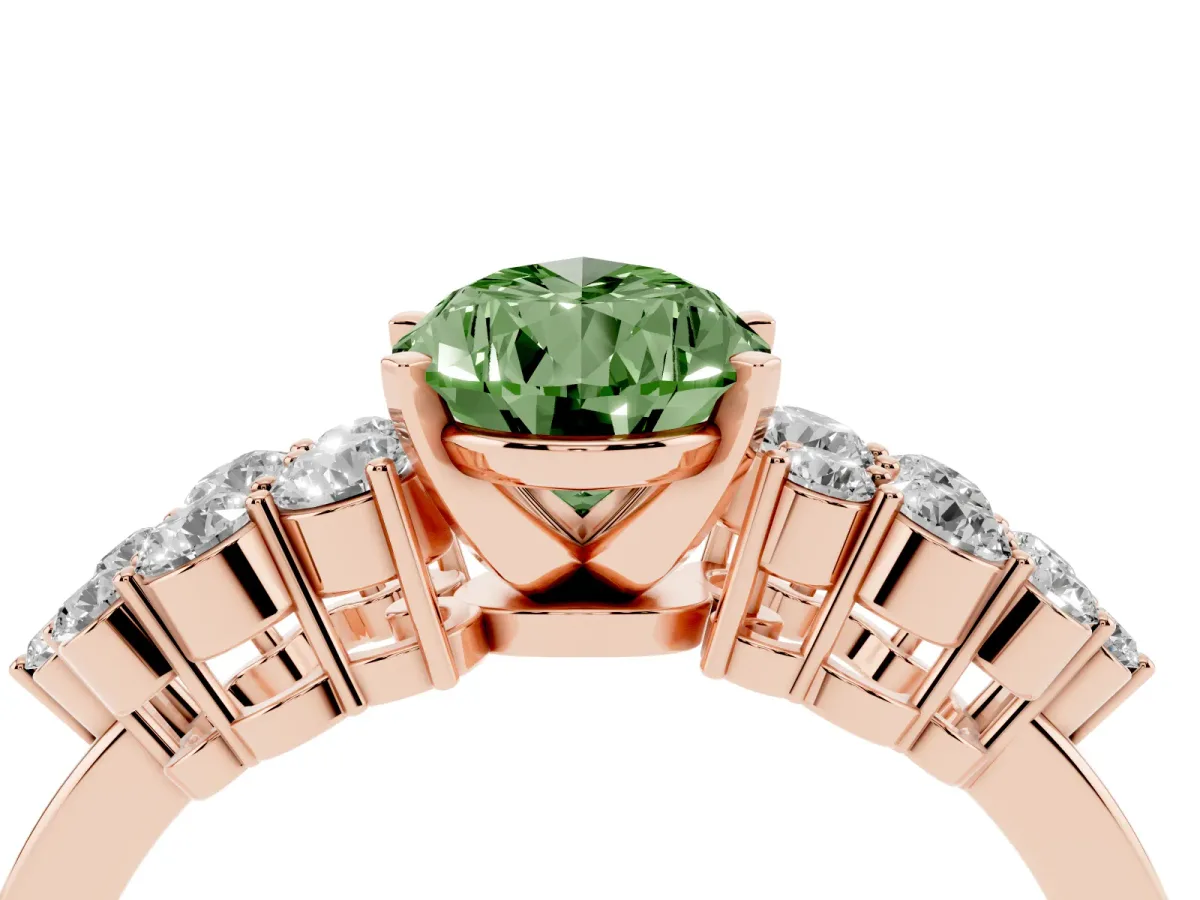 Fancy Green Pear Cut Cluster Diamond Engagement Ring with Pavé Band and Four-Prong Setting Rose gold