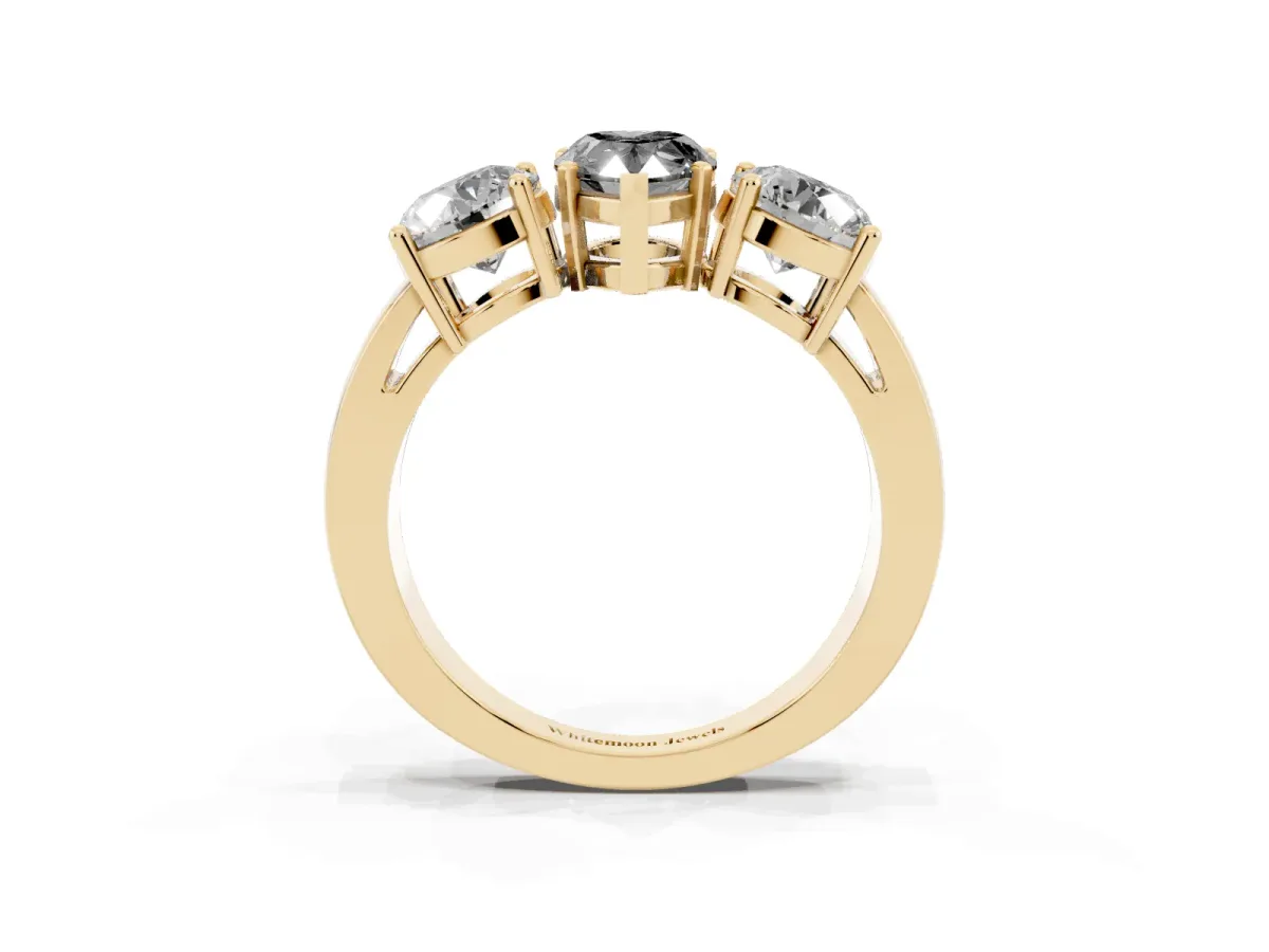 Fancy Black Three-Stone Pear Cut Diamond Ring with Round Side Stones, Classic Band, and Four-Prong Setting Yellow gold