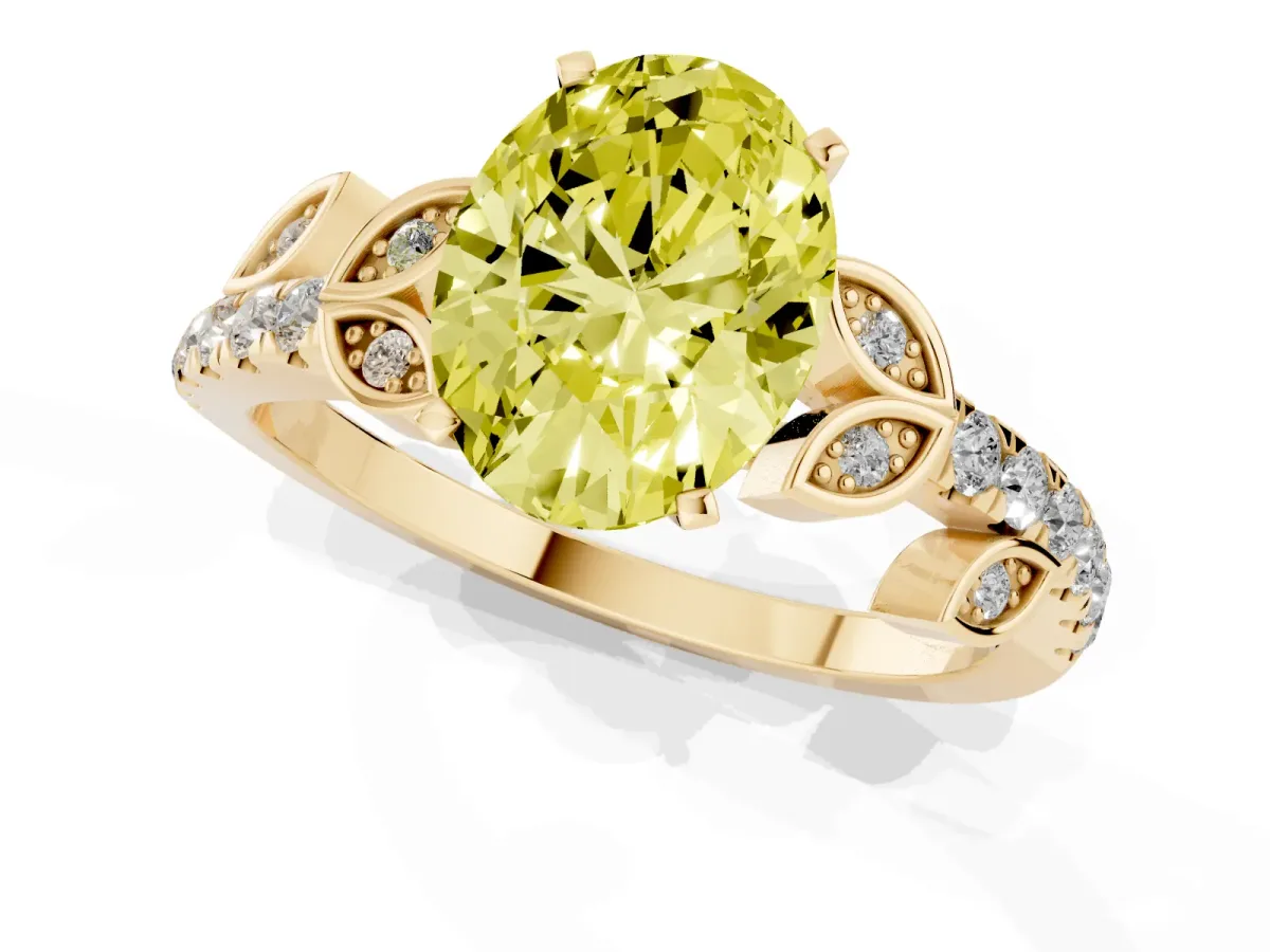 Fancy Yellow Oval Cut Solitaire Leaf-Inspired Diamond Ring with Pavé Band and Four-Prong Setting Yellow gold