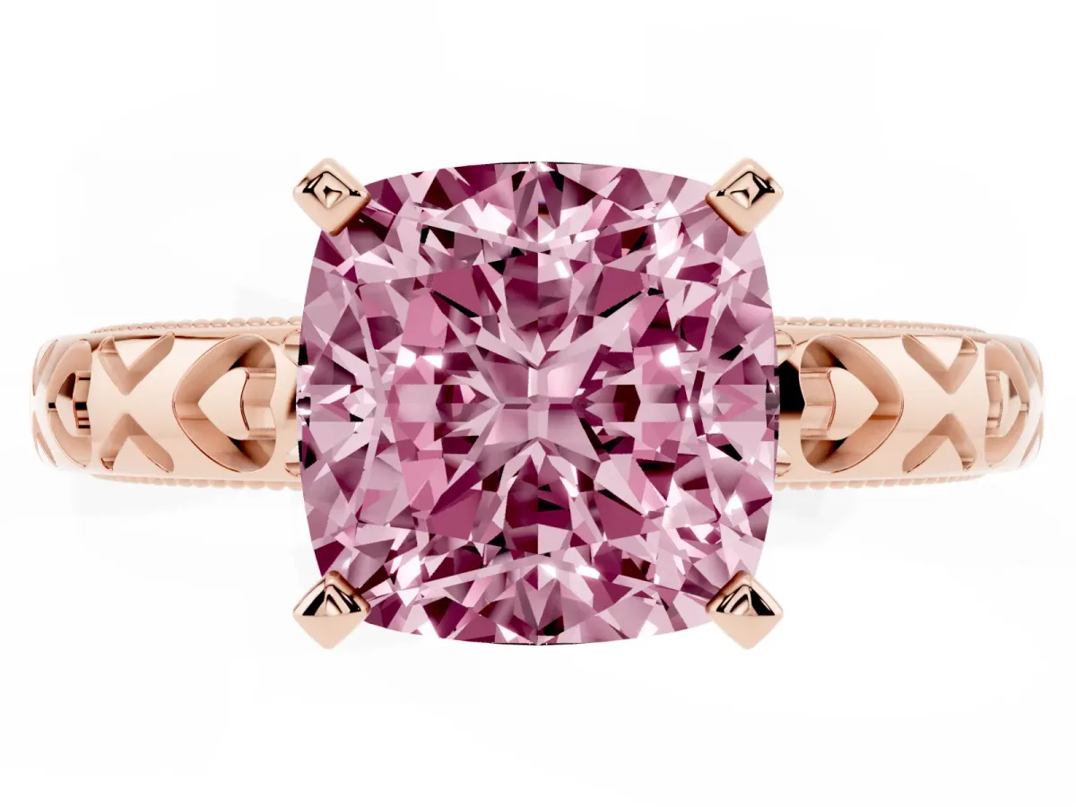 Fancy Pink Cushion Cut Solitaire Diamond Engagement Ring with XO Engraved Band and Four-Prong Setting Rose gold