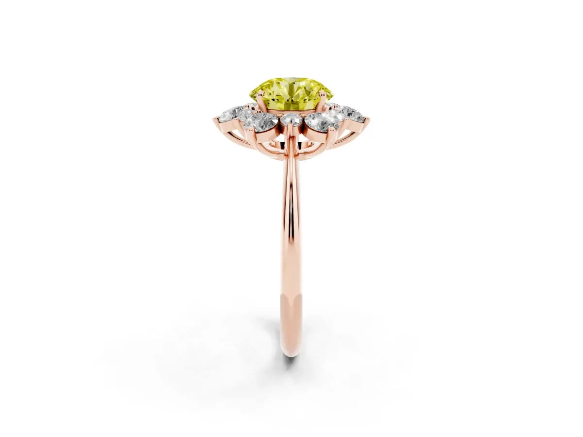 Fancy Yellow Round Cut Diamond Cluster Halo Ring with Solitaire Band and Four-Prong Setting Rose gold