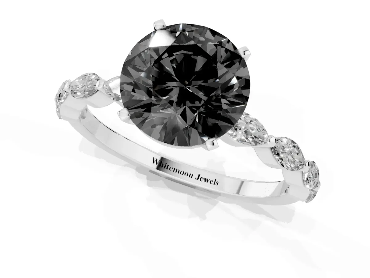 Fancy Black Round Cut Diamond Ring with Marquise Side Stones and Prong Setting Silver